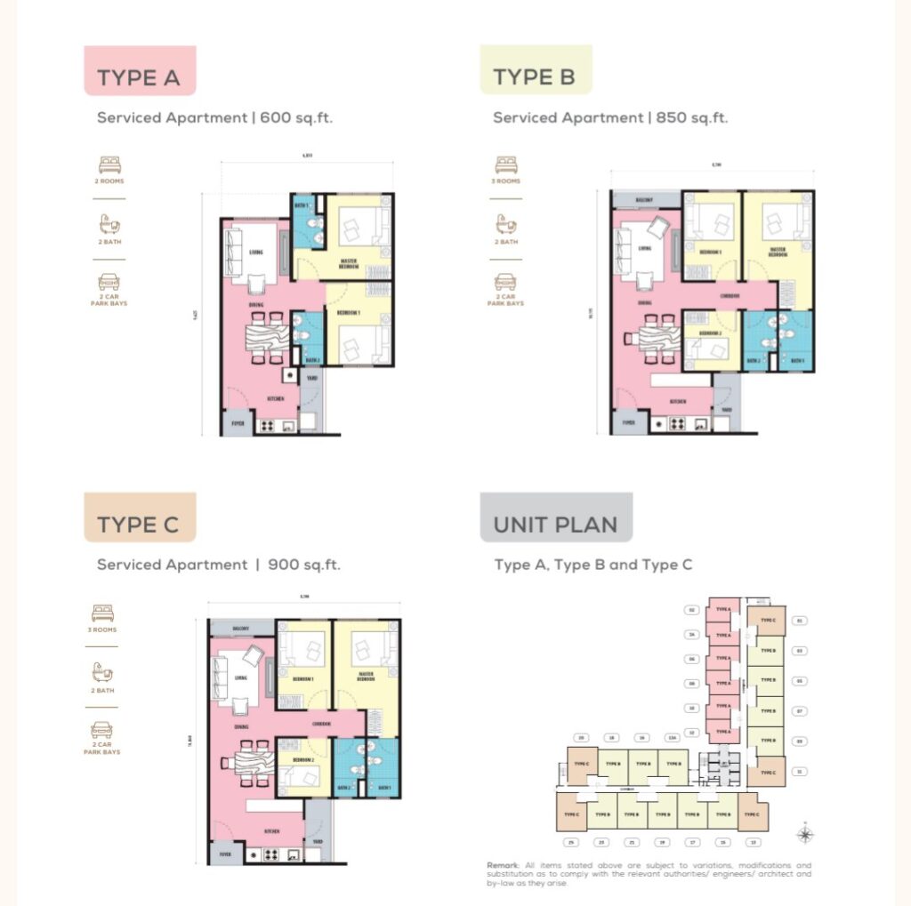 2- and 3-bedroom unit layout with built-up area between 600 and 950 sq ft