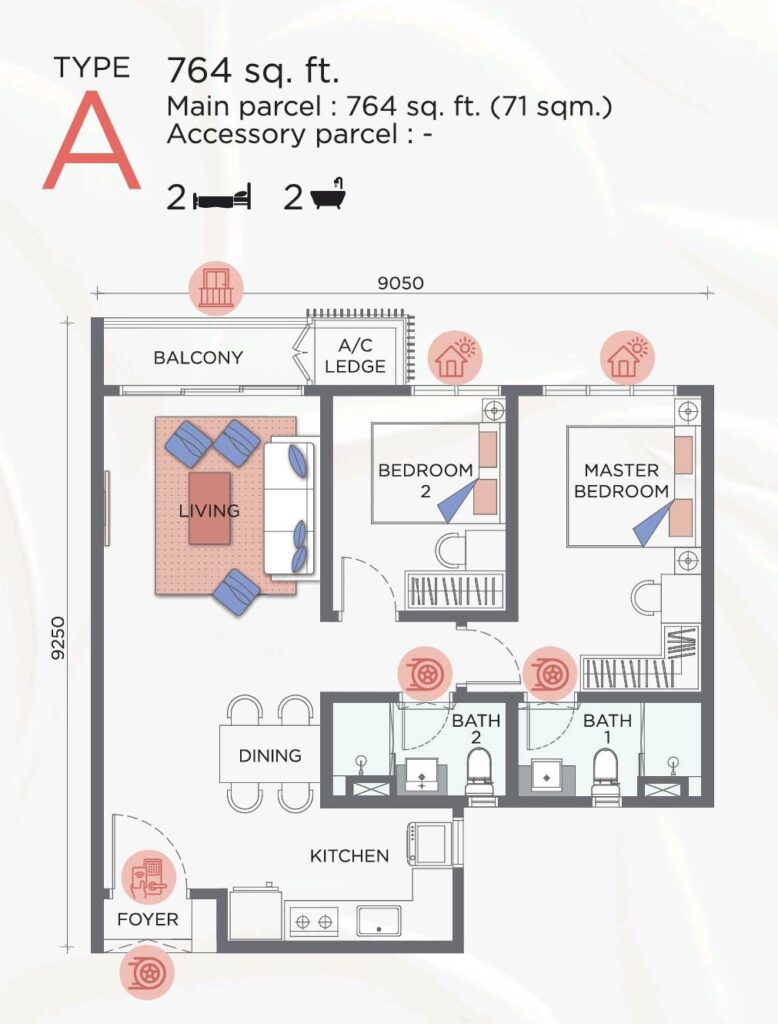 Sunway Flora 2 Floor Plan Type A - 2 bedrooms, 2 bathrooms. Unit size : 764 sq ft
