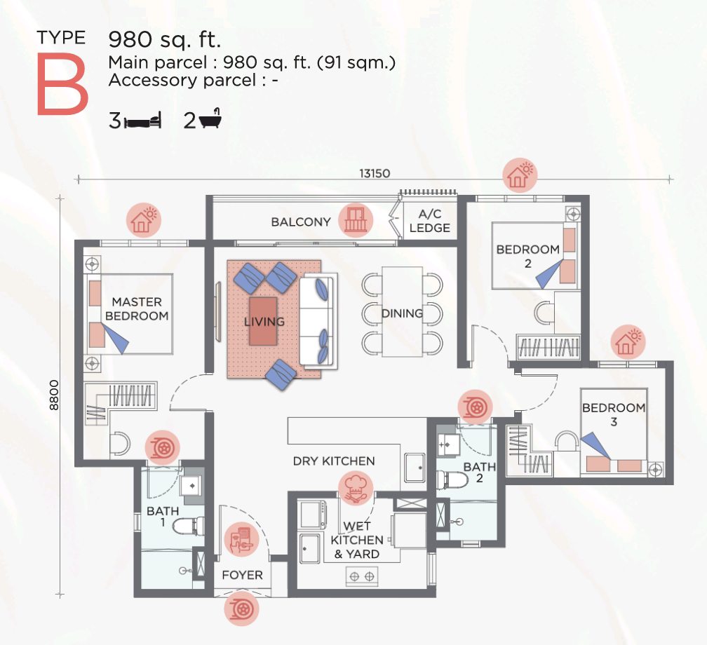 Sunway Flora 2 Floor Plan Type B - 3 bedrooms, 2 bathrooms. Unit size : 980 sq ft