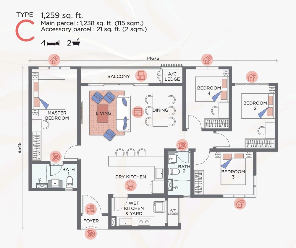 Sunway Flora 2 Floor Plan Type C - 4 bedrooms, 2 bathrooms. Unit size : 1,259 sq ft