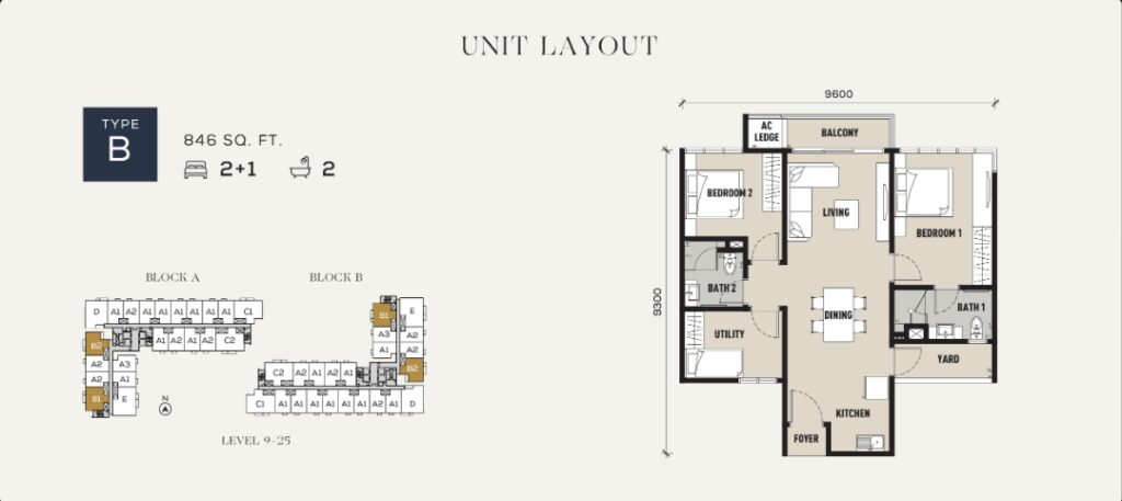 Sixteen Residences Unit Layout Type B : 2+1 rooms + 2 baths (846 sq ft)