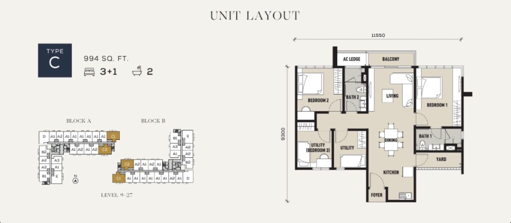Sixteen Residences Unit Layout Type C : 3+1 rooms + 2 baths (994 sq ft)