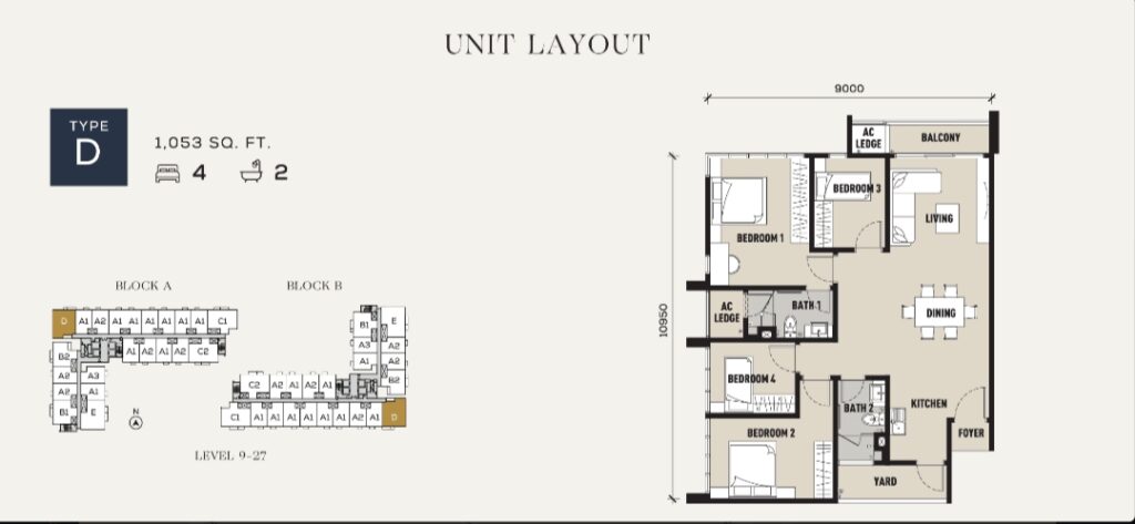 Sixteen Residences Unit Layout Type D : 4 rooms + 2 baths (1,053 sq ft)