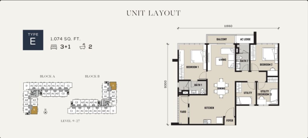 Sixteen Residences Unit Layout Type E : 3+1 rooms + 2 baths (1,074 sq ft)